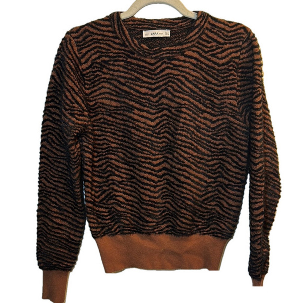 Zara Brown and Black Crew Neck Sweater with Zigzag Design